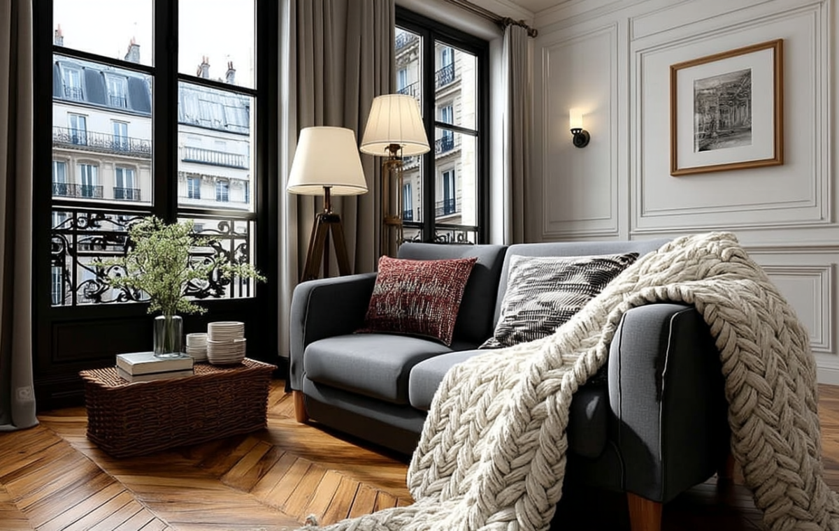 French apartment living room with herringbone floors and a grey sofa draped in a chunky knit blanket.