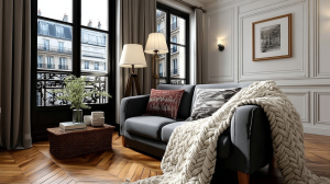 French apartment living room with herringbone floors and a grey sofa draped in a chunky knit blanket.