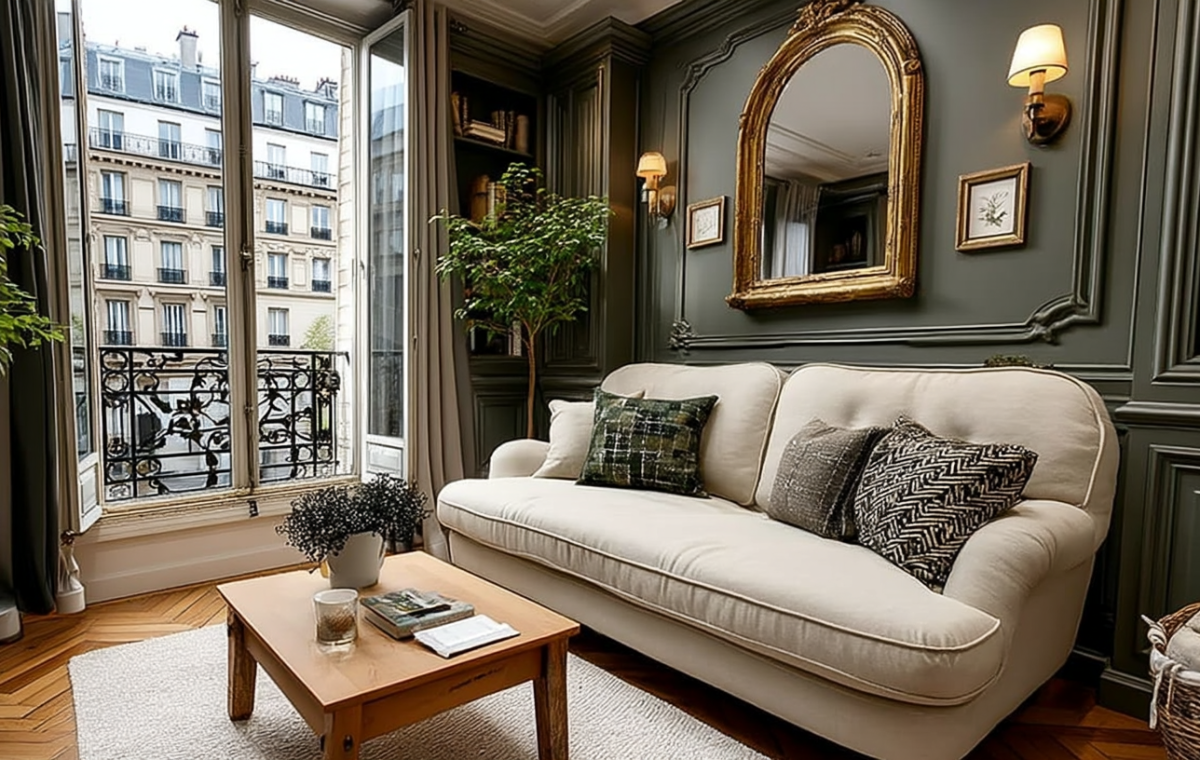 A chic French apartment living room featuring deep green paneled walls, a gold arched mirror, and a neutral sofa.