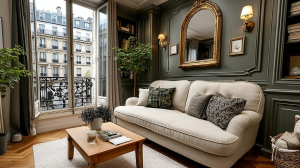 A chic French apartment living room featuring deep green paneled walls, a gold arched mirror, and a neutral sofa.