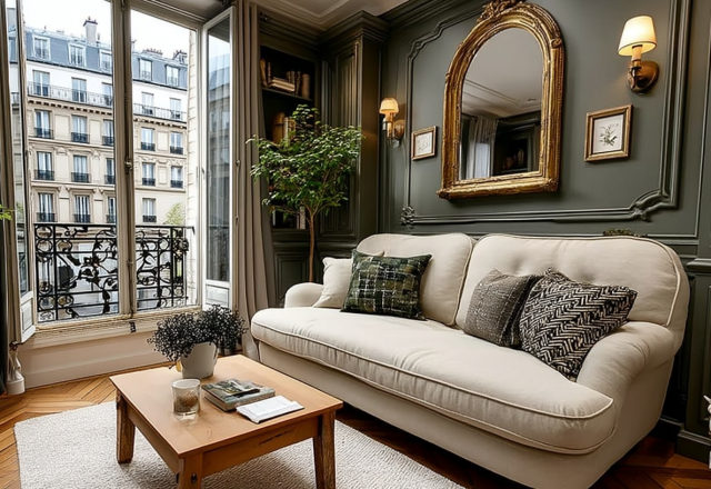 A chic French apartment living room featuring deep green paneled walls, a gold arched mirror, and a neutral sofa.