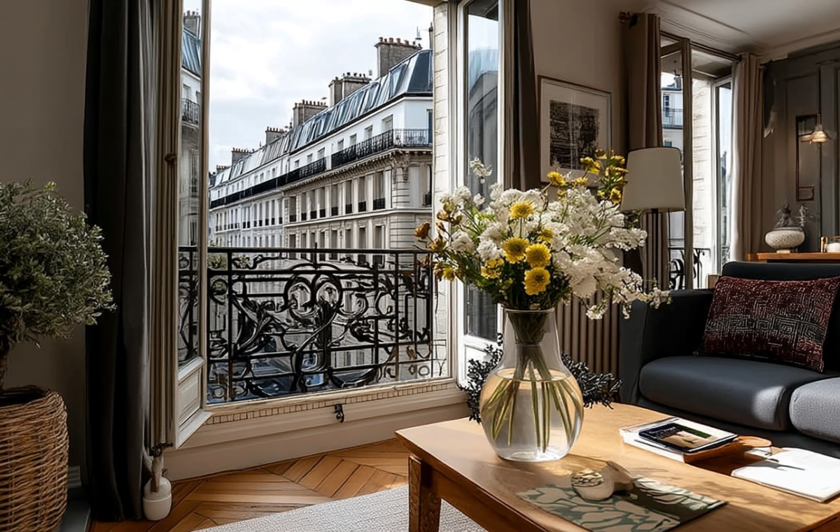 Bright French apartment living room featuring a wrought iron balcony, wooden chevron floors, and a glass flower vase.