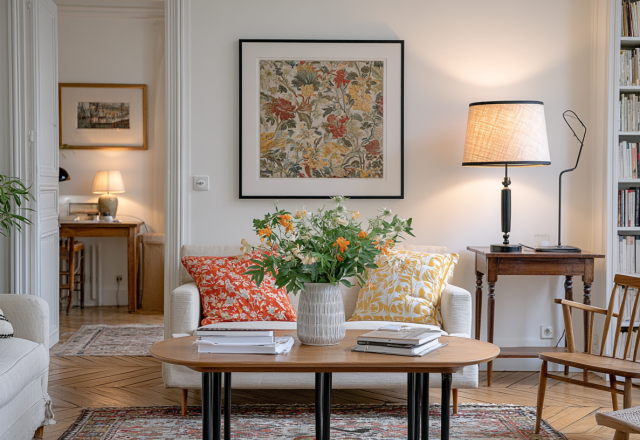 Bright French apartment living room with parquet floors, built-in bookshelves, and a wooden coffee table.