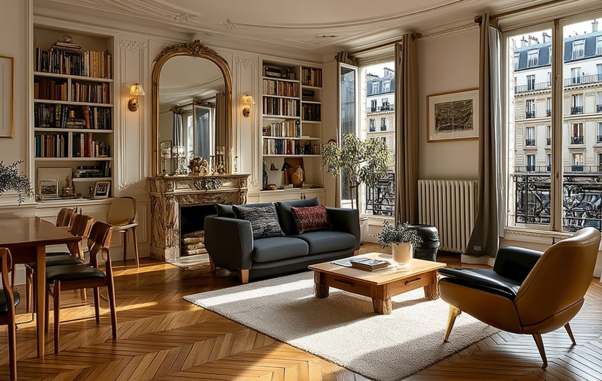 Bright French apartment living room featuring herringbone wood floors, built-in bookshelves, and classic Parisian windows.