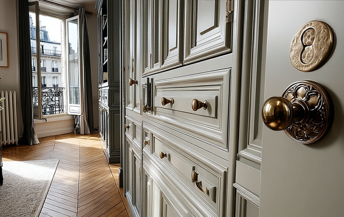 Close up of ornate brass hardware on gray French apartment millwork with a sunlit window in the background