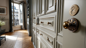 Close up of ornate brass hardware on gray French apartment millwork with a sunlit window in the background