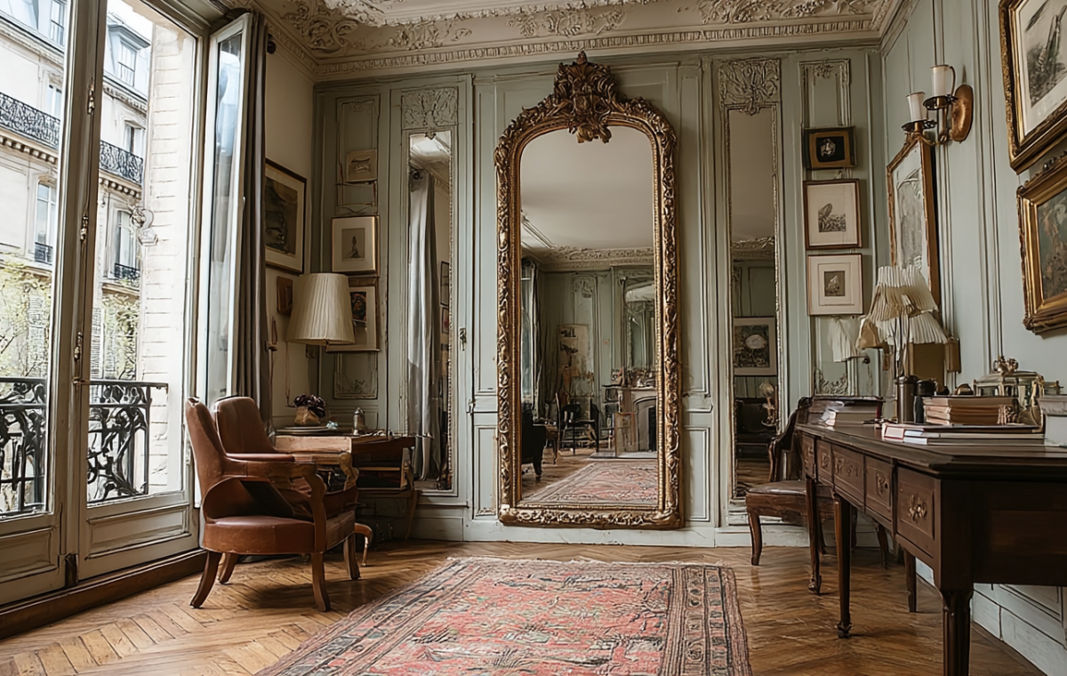 French apartment interior featuring a massive gold antique mirror and herringbone parquet flooring
