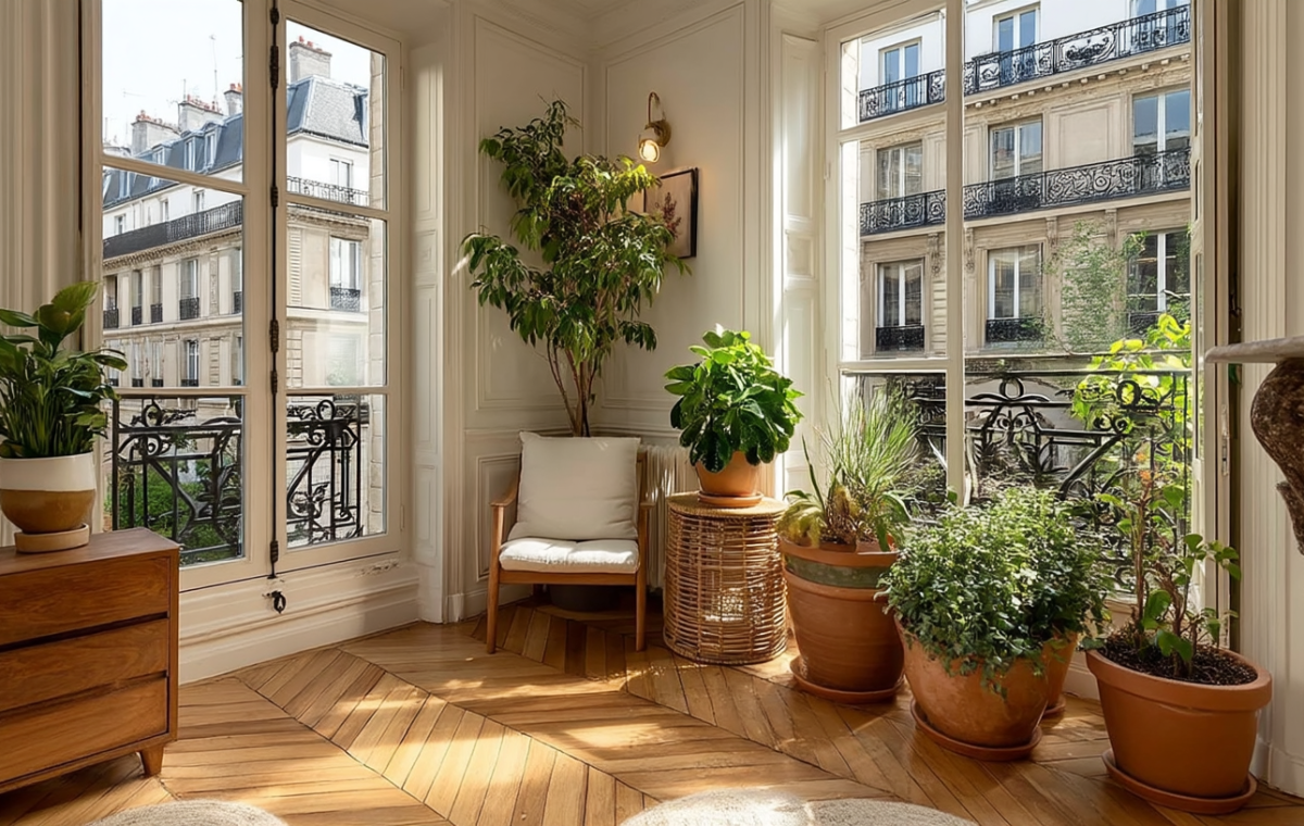 Sunlit French apartment living room featuring chevron hardwood floors and lush potted plants.