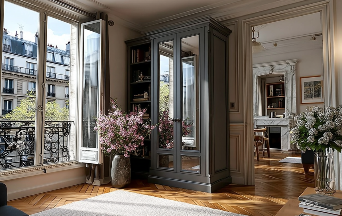 French apartment wardrobe ideas featuring a dark grey armoire in a bright living room