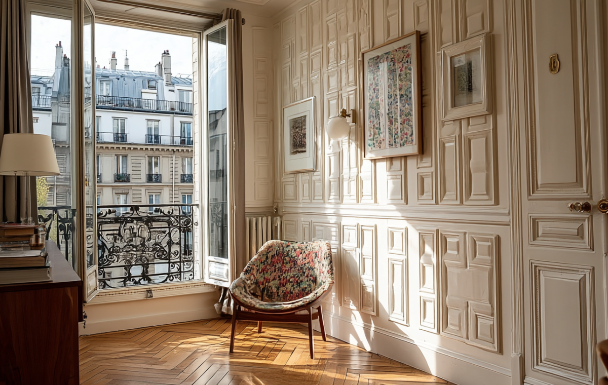 Bright living room featuring French architectural details, chevron wood floors, and classic wall paneling opening to a balcony.