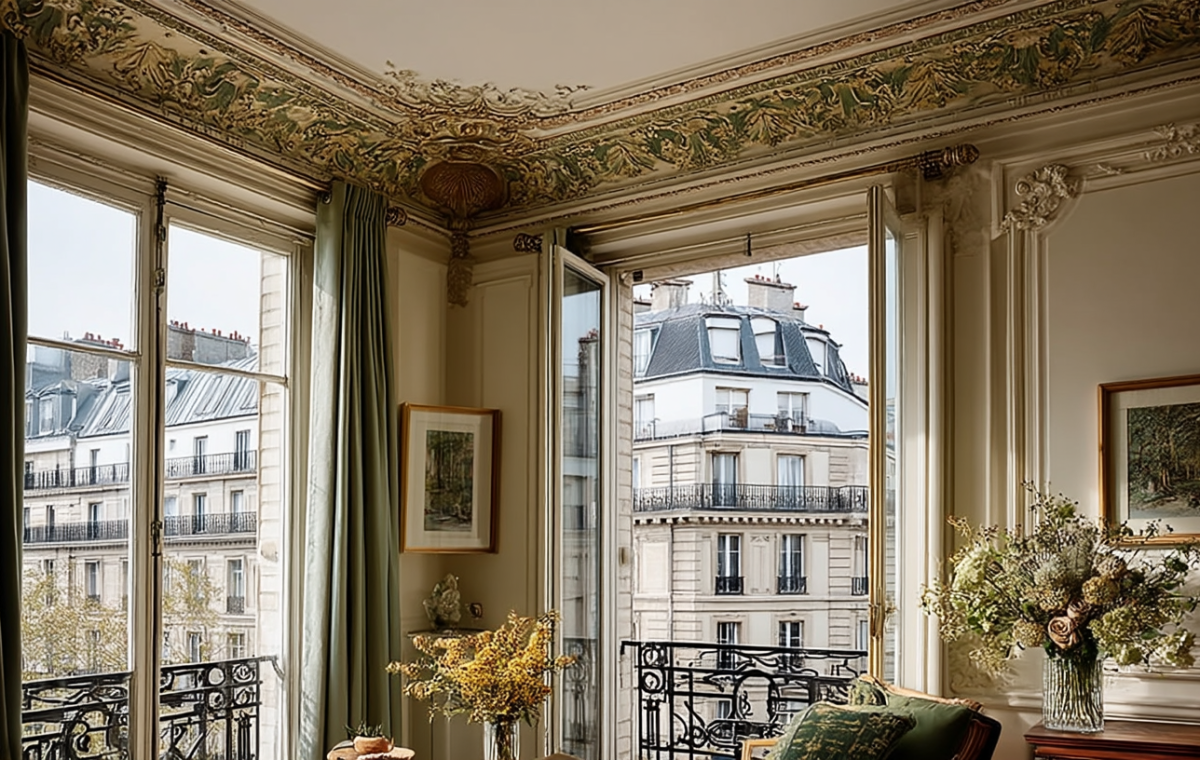 French architectural molding and painted ceiling frieze in a Parisian Haussmann living room with balcony views.