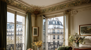 French architectural molding and painted ceiling frieze in a Parisian Haussmann living room with balcony views.