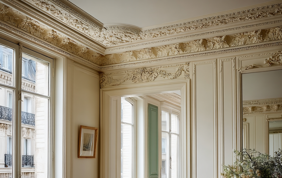 Close-up of ornate French architectural molding and classical wall paneling in a historic apartment interior with tall windows.