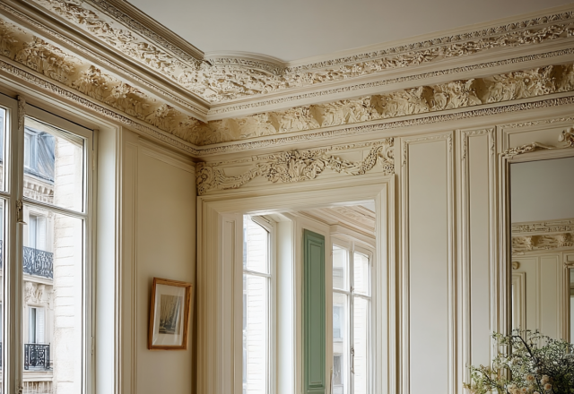 Close-up of ornate French architectural molding and classical wall paneling in a historic apartment interior with tall windows.