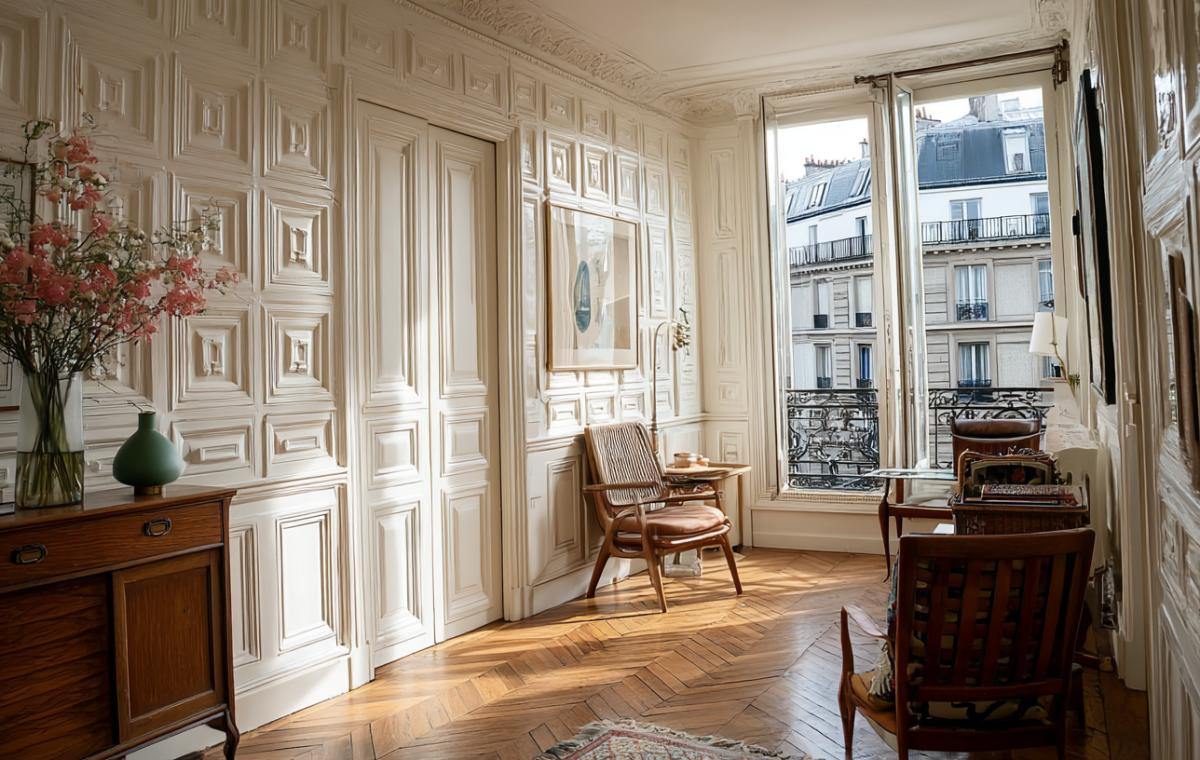 Bright Parisian living room featuring classic French boiserie walls and herringbone floors.