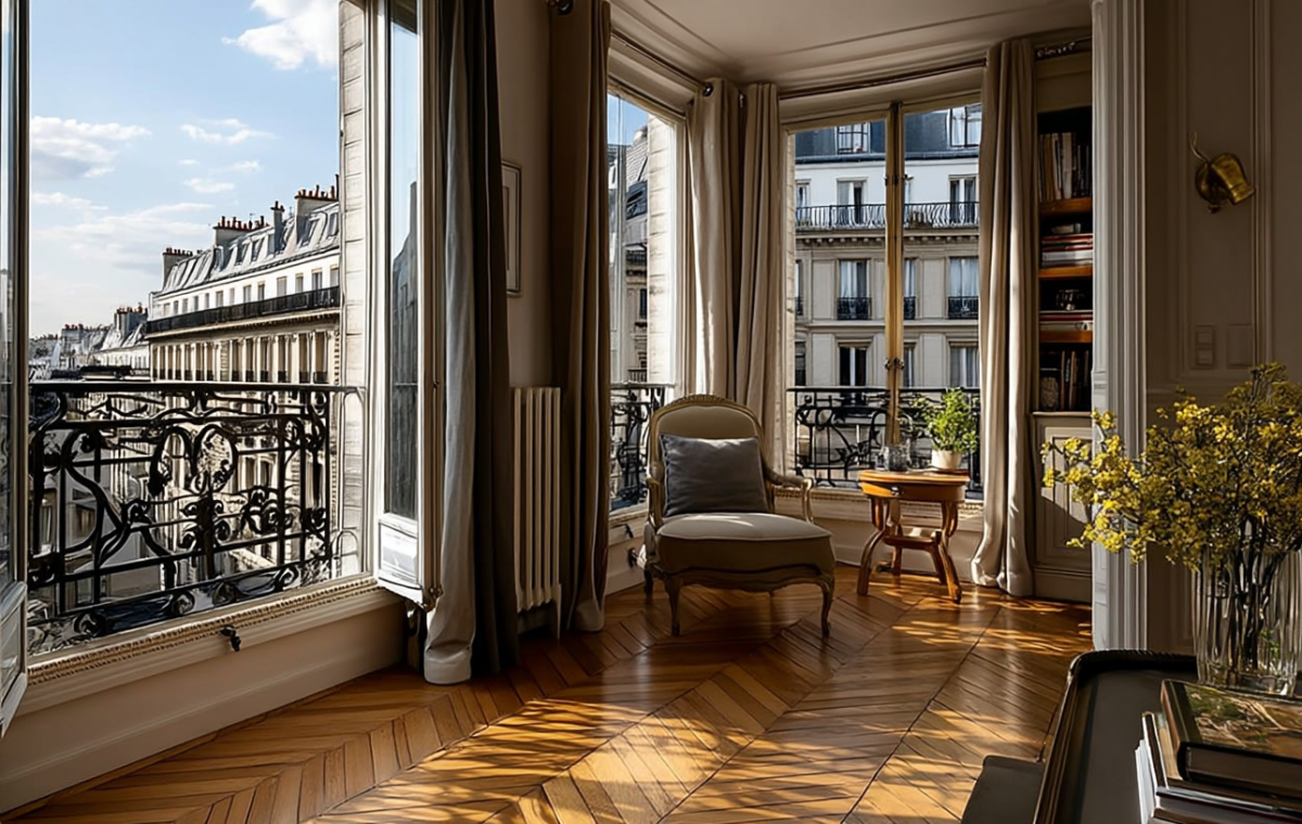 Bright Parisian living room featuring French chevron hardwood flooring and tall windows opening to a wrought iron balcony.