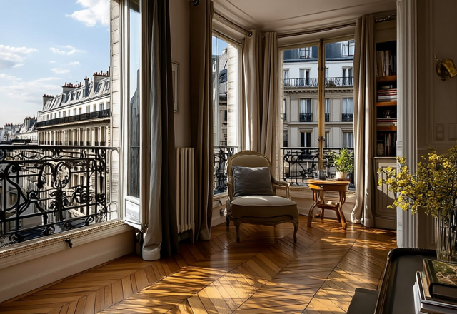Bright Parisian living room featuring French chevron hardwood flooring and tall windows opening to a wrought iron balcony.