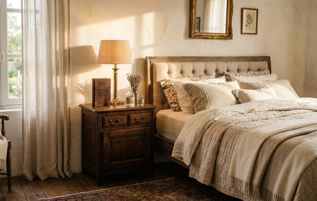 French Country bedroom decor featuring neutral layered bedding, a vintage wooden nightstand, and brass lamp in morning light.