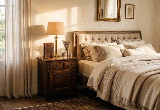 French Country bedroom decor featuring neutral layered bedding, a vintage wooden nightstand, and brass lamp in morning light.