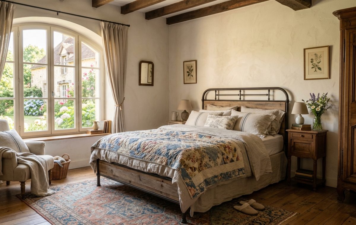 French Country bedroom decor featuring an iron bed frame, exposed wood beams, and a vintage wooden wardrobe.
