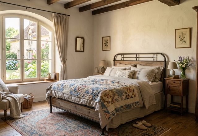 French Country bedroom decor featuring an iron bed frame, exposed wood beams, and a vintage wooden wardrobe.