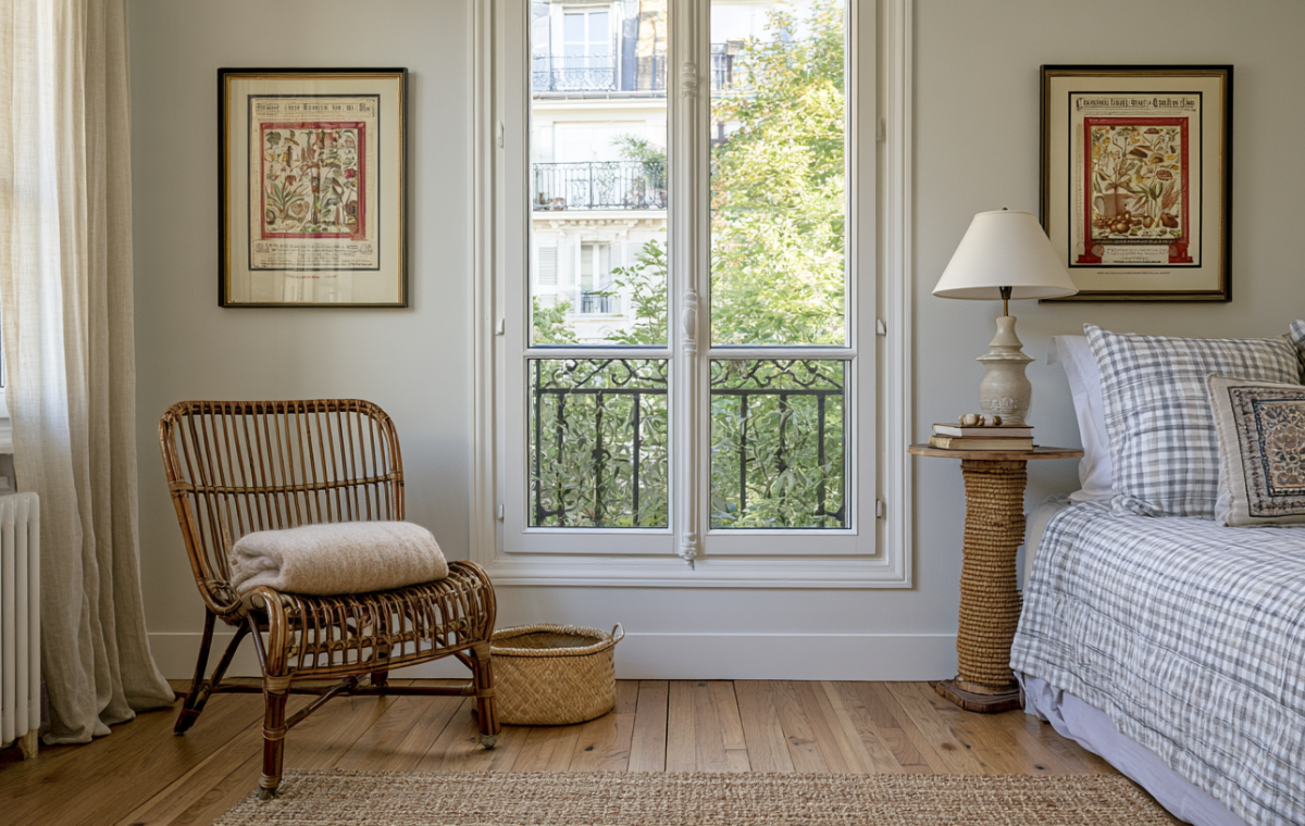 French Country bedroom decor featuring a wicker chair, vintage botanical prints, and checkered bedding near a sunny window.