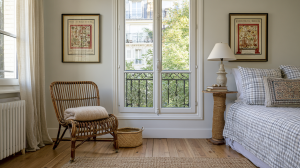 French Country bedroom decor featuring a wicker chair, vintage botanical prints, and checkered bedding near a sunny window.