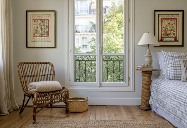 French Country bedroom decor featuring a wicker chair, vintage botanical prints, and checkered bedding near a sunny window.
