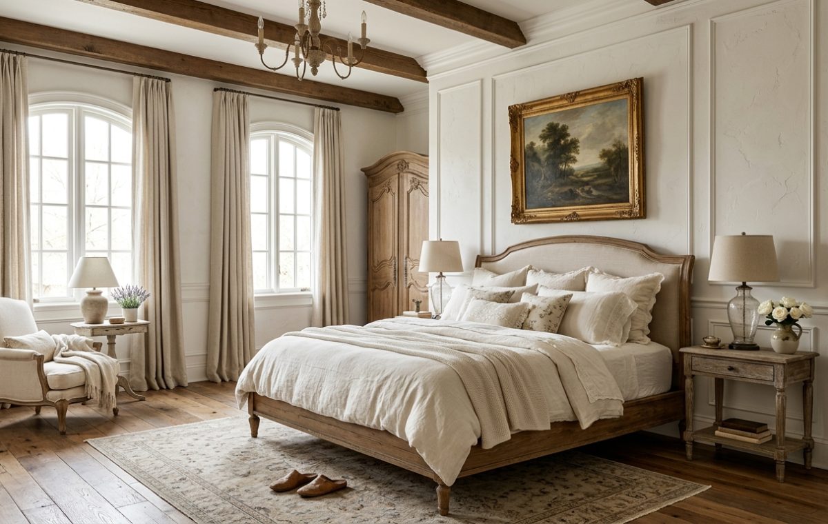 French Country bedroom design featuring a rustic wooden bed, exposed beams, neutral linen bedding, and vintage oil painting.