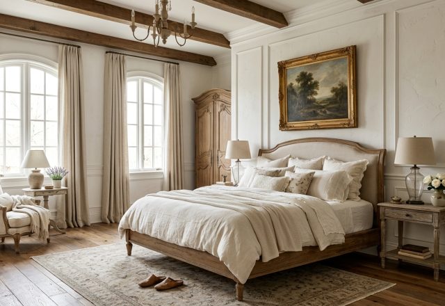 French Country bedroom design featuring a rustic wooden bed, exposed beams, neutral linen bedding, and vintage oil painting.