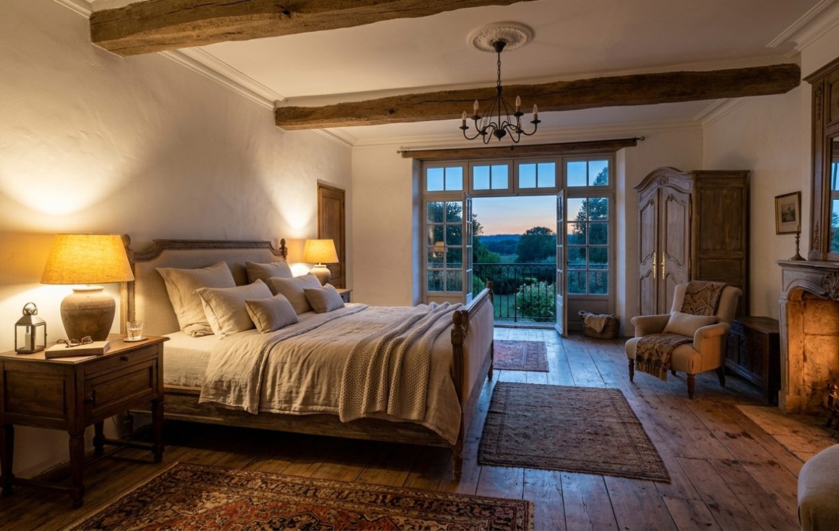 French Country bedroom design featuring exposed ceiling beams, a stone fireplace, and rustic wooden furniture.