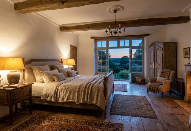 French Country bedroom design featuring exposed ceiling beams, a stone fireplace, and rustic wooden furniture.