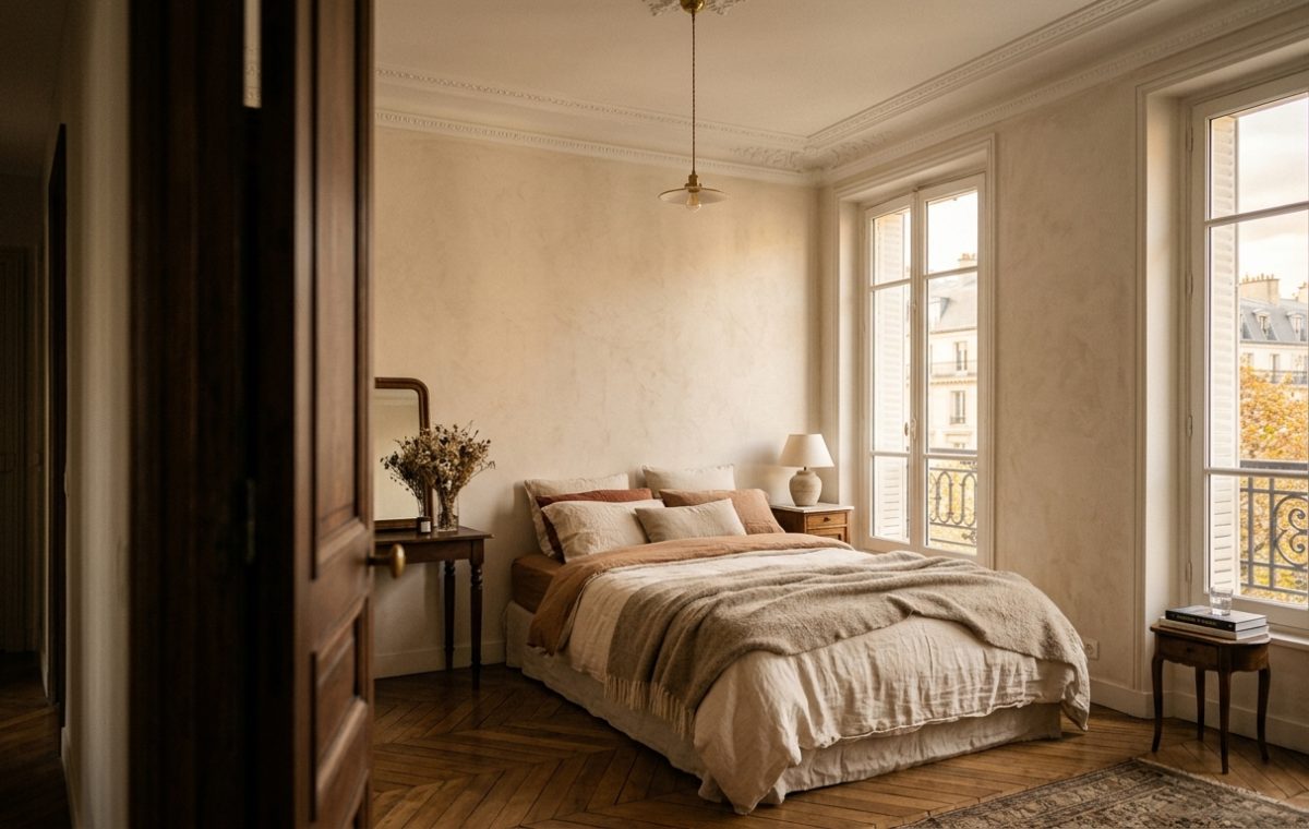 French Country bedroom design featuring herringbone floors, neutral linen bedding, and antique wooden furniture.