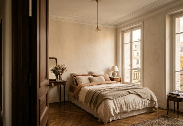 French Country bedroom design featuring herringbone floors, neutral linen bedding, and antique wooden furniture.