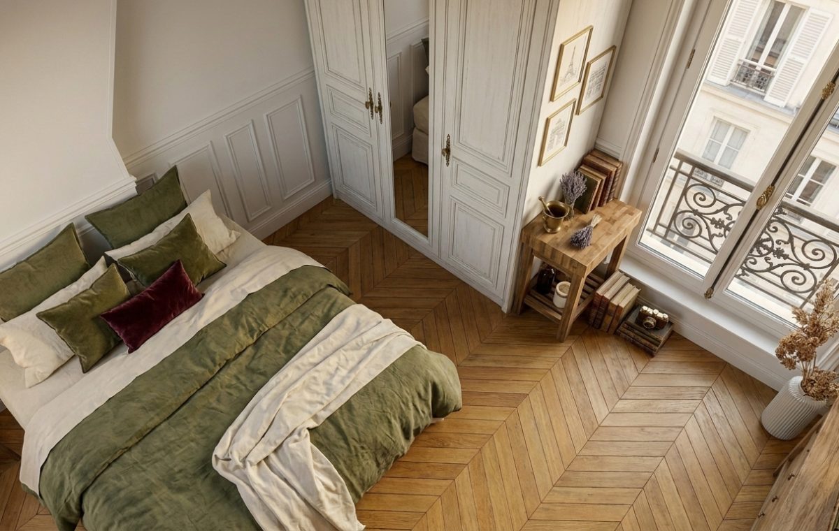 Overhead view of a French Country bedroom with herringbone wood floors, green linen bedding, and tall windows.
