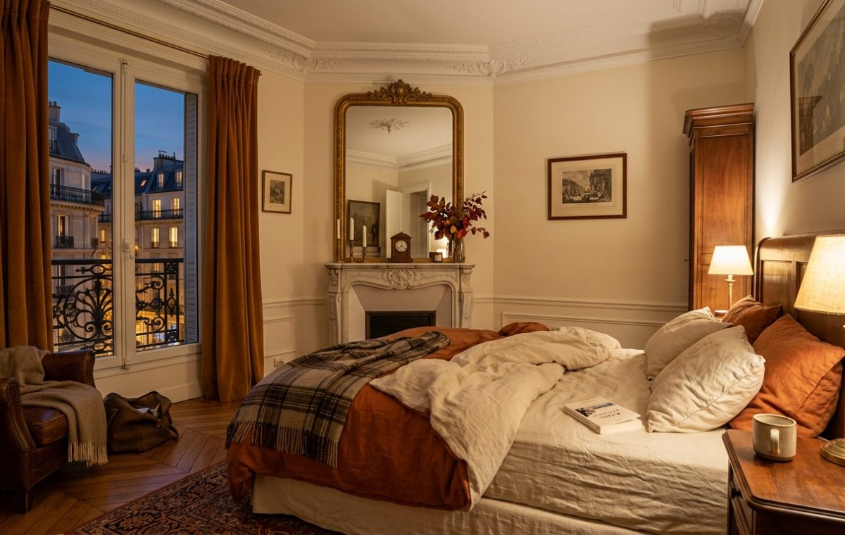 Cozy French Country bedroom featuring rust curtains, an antique fireplace, and warm evening lighting.