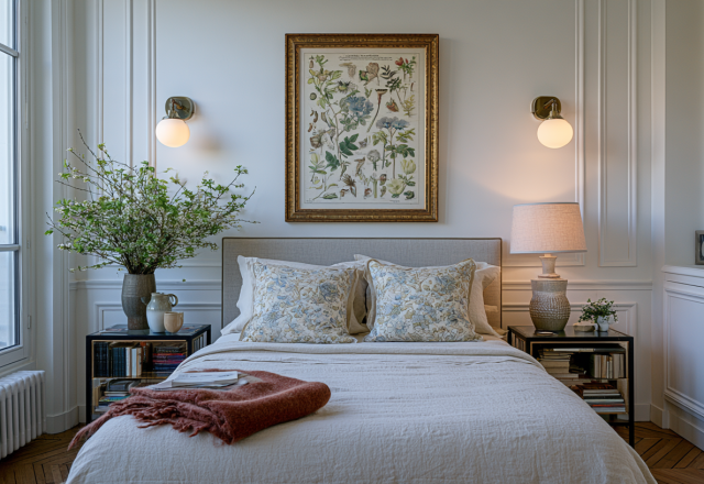 A chic French country bedroom featuring classic wall moldings, vintage botanical art, and neutral linen bedding.