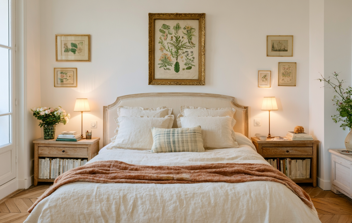 Cozy French Country Bedroom Ideas featuring neutral linen bedding, vintage botanical prints, and rustic wood nightstands.