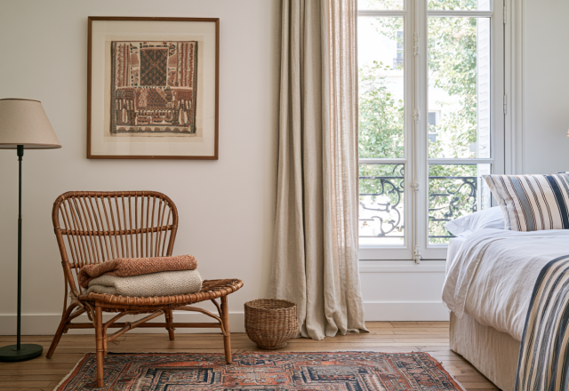 Bright French country bedroom featuring a rattan chair, striped bedding, and neutral linen curtains.