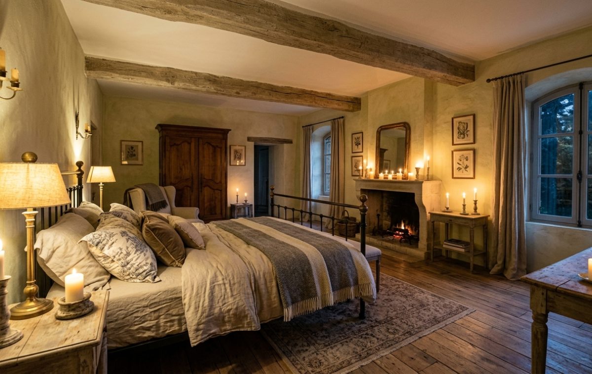 Cozy French Country bedroom featuring exposed wooden beams, a stone fireplace, and warm candlelight.