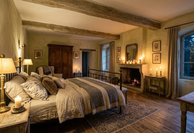 Cozy French Country bedroom featuring exposed wooden beams, a stone fireplace, and warm candlelight.