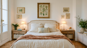 Bright French country bedroom featuring linen bedding, rustic wooden nightstands, and antique botanical wall art.