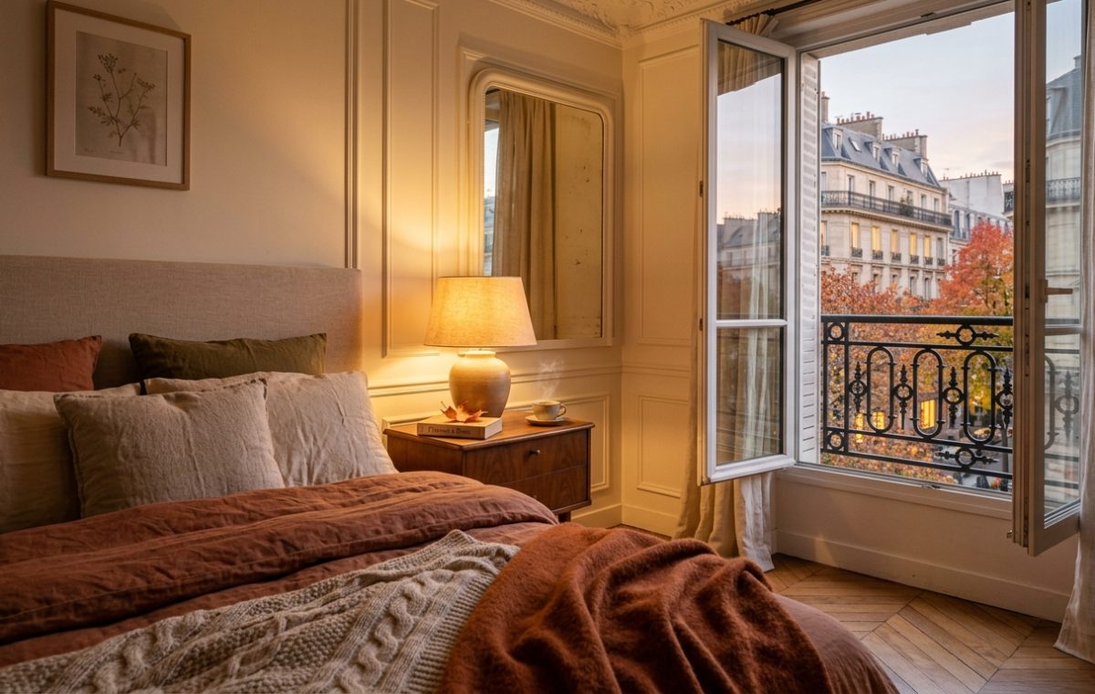 Cozy French country bedroom with neutral layered bedding, warm lamp lighting, and open windows showing Parisian buildings