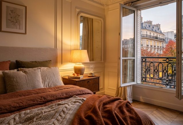 Cozy French country bedroom with neutral layered bedding, warm lamp lighting, and open windows showing Parisian buildings