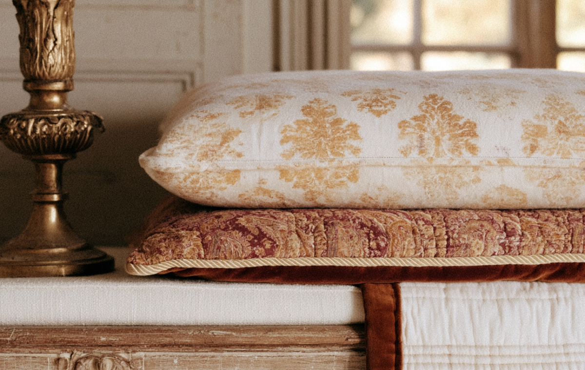 French Country bedroom styling featuring damask pillows, velvet cushions, and an antique brass candlestick on a distressed wooden surface.