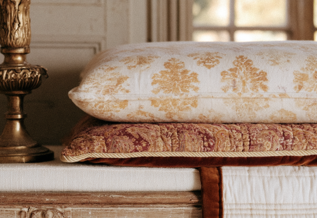 French Country bedroom styling featuring damask pillows, velvet cushions, and an antique brass candlestick on a distressed wooden surface.