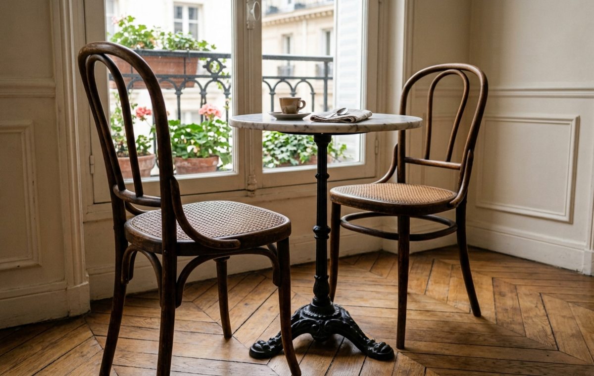 A cozy French Country breakfast nook featuring a bistro table and bentwood chairs by a sunny window.