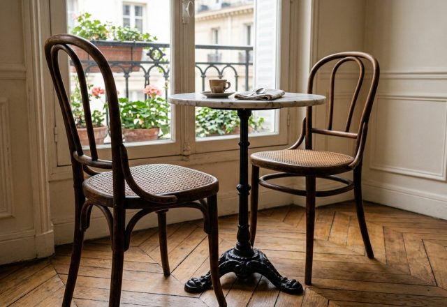 A cozy French Country breakfast nook featuring a bistro table and bentwood chairs by a sunny window.
