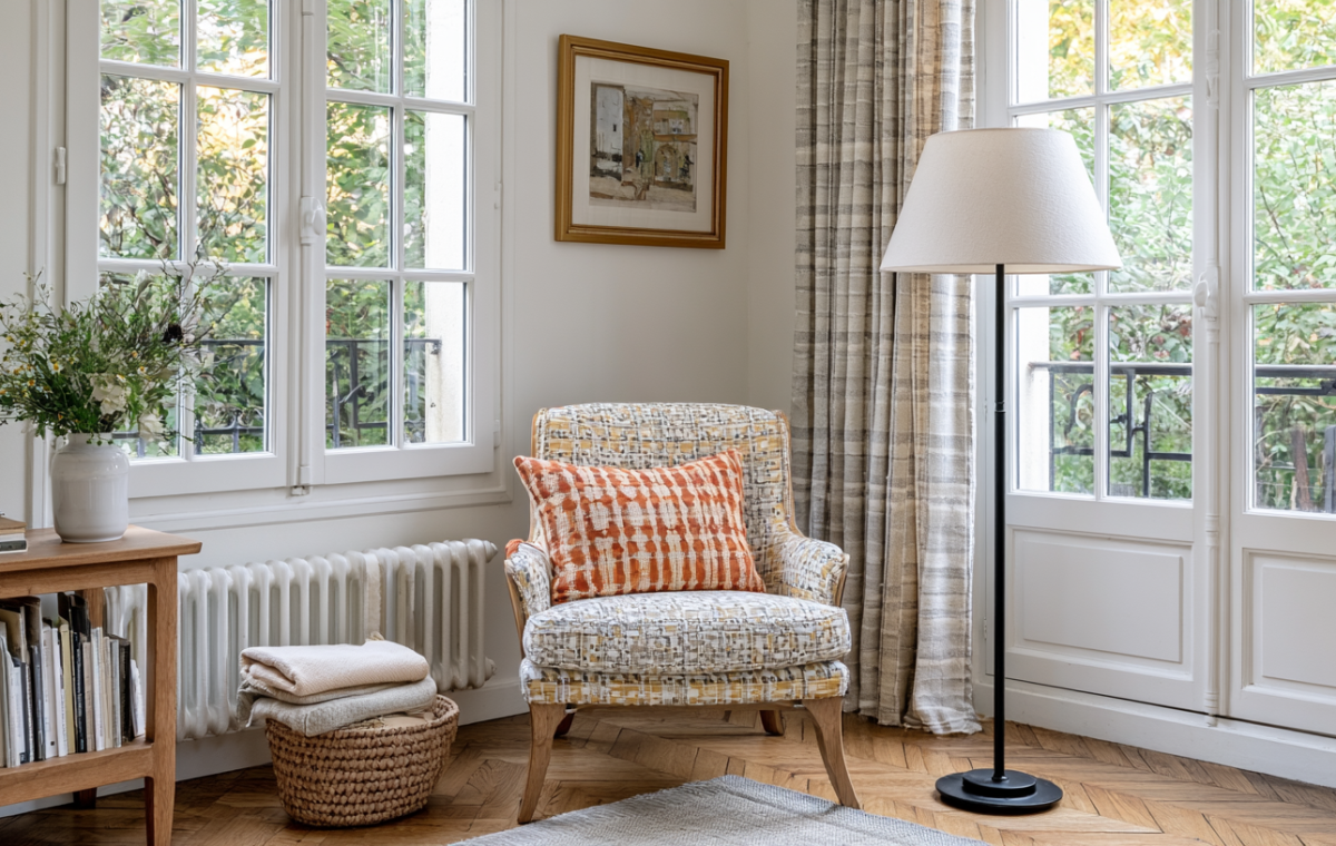 Bright French Country corner seating featuring a patterned armchair, floor lamp, and wooden console by casement windows.