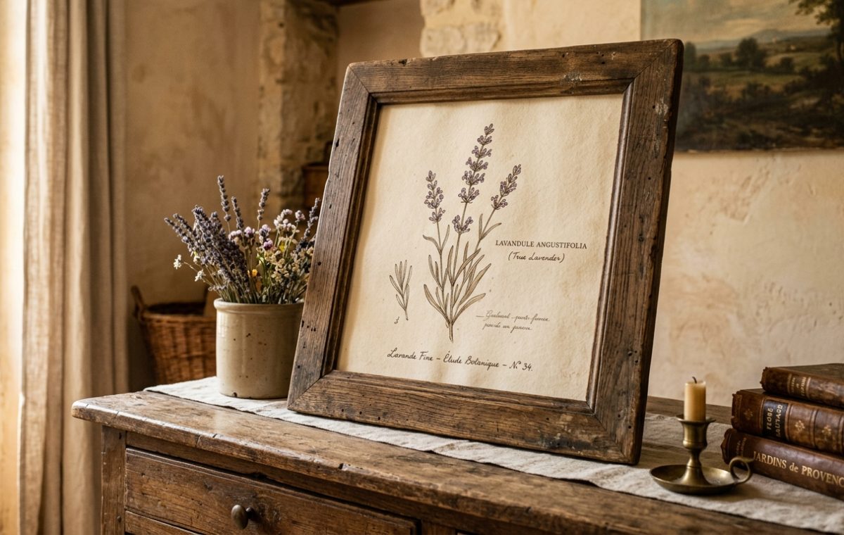 French Country decor featuring botanical art in a rustic wooden frame on an antique dresser.